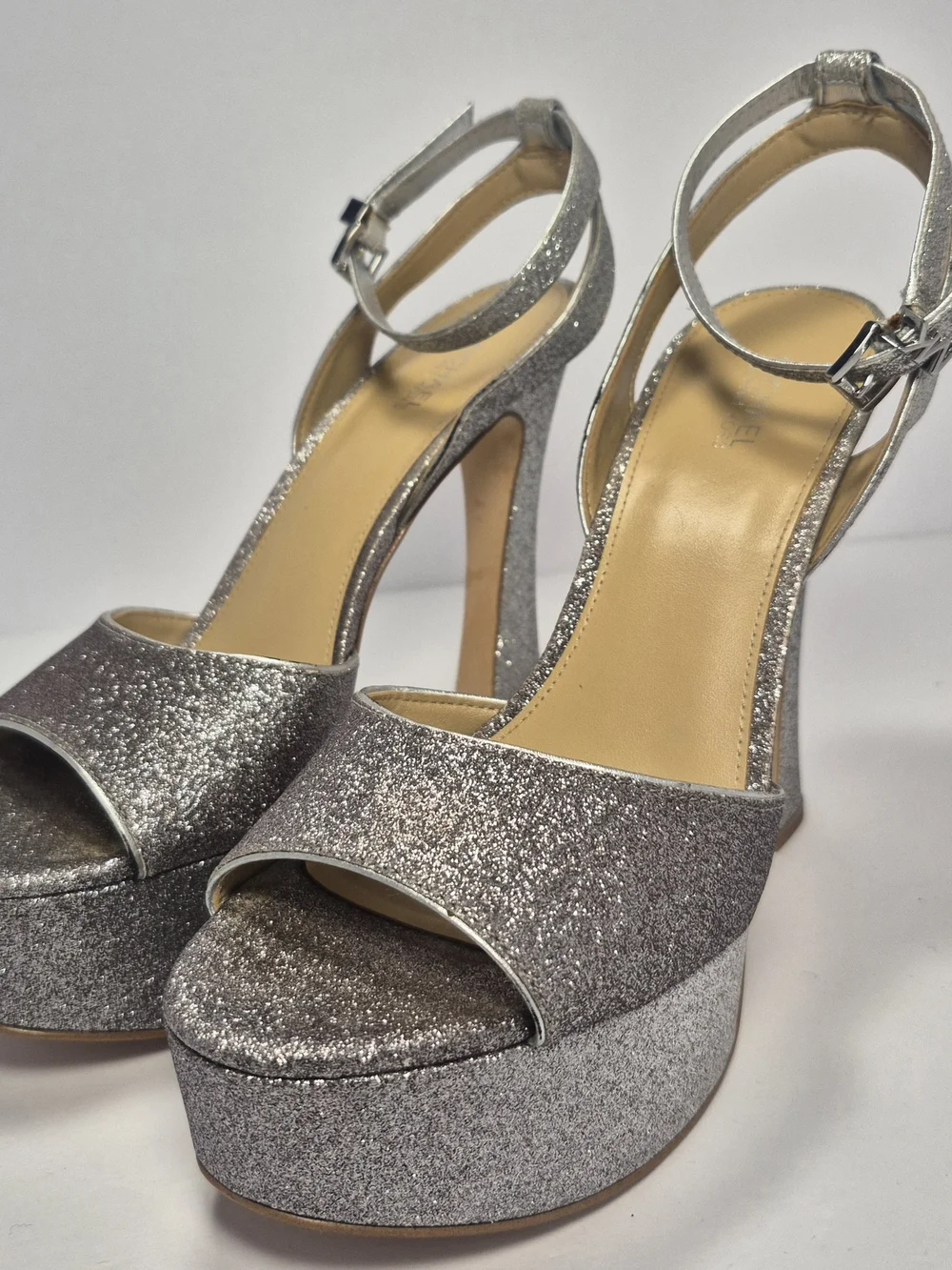 Michael Kors Silver Glitter Chunky Platform Sandals Ankle Strap Buckle Closure